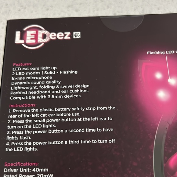 LEDeez LED Light-Up Cat Ears LED Headphones With Mic NEW SEALED - Picture 6 of 7